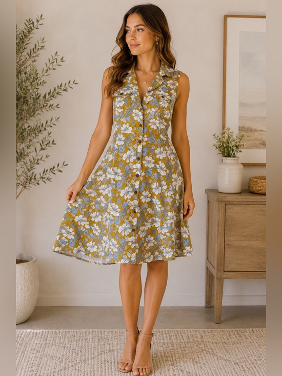 Suzy Shier Dresses & Skirts - Suzy Shier Mustard Floral Button-Front Midi Dress Size S Boho Festival Summer
